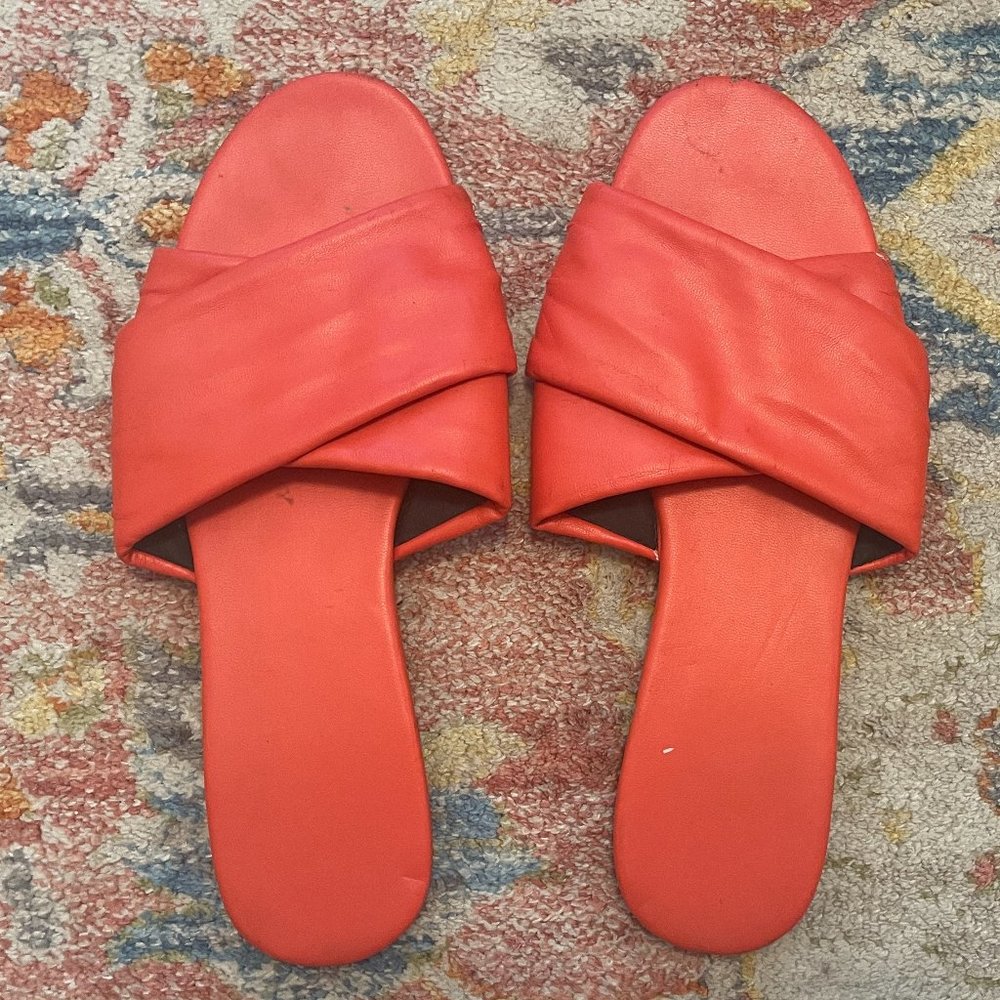 Urban Outfitters Coral-Red Crossband Slide Sandals